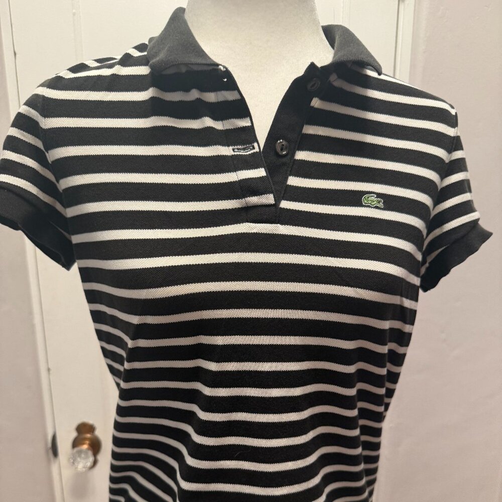 Lacoste women black and white striped polo Size 40 EU (approx 10 U.S. Size)